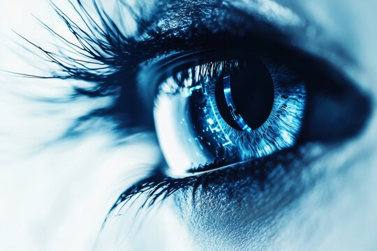 Futuristic abstract digital eye with blue camera lens and light rays on stark white backdrop