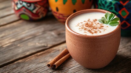 Creamy Beverage in Rustic Mug with Spices and Colorful Background