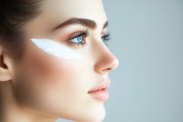 Fototapeta premium Close-up of woman's face with white cream. Ideal for beauty, skincare, and cosmetic ads.