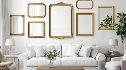 Luxurious gold-framed mirrors hanging on blank white walls in a high-end living room