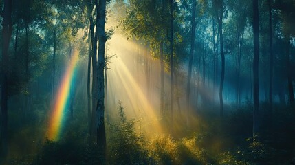 Mist rising from the forest floor as a rainbow spans the treetops