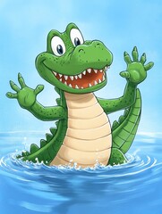 Fototapeta premium Happy Crocodile Water Playtime - Joyful cartoon crocodile splashing happily in clear blue water, symbolizing fun, summer, friendship, adventure, and childhood innocence.