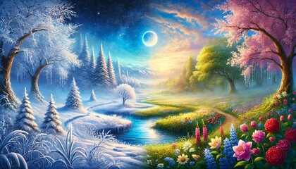 Fototapeta premium A Serene and Enchanting Horizontal Painting Depicting the Magical Transition from Winter to Spring with Frost and Blooming Flowers