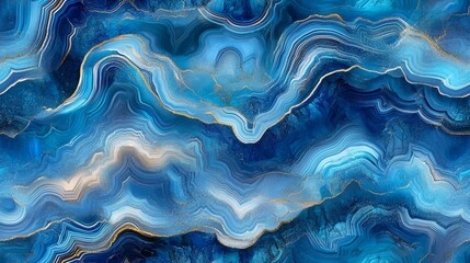 Obraz premium Seamless pattern of vivid blue agate slices with swirling layers of turquoise, cerulean, and navy, detailed with fine silver veining and gold accents, creating a luminous and serene aquatic effect.