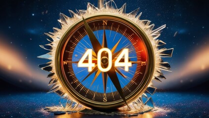 Abstract compass displaying 404 error page not found. Symbolizes lost direction or navigation error. Suitable for travel websites, navigation apps, or creative error pages