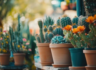 Cacti in pots of different sizes and types on display at the flower market. Cacti for sale. Background with various cactus plants, succulents, and other desert vegetation. 