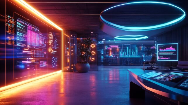 Futuristic workspace with digital displays, holographic tools, and analytical graphs for finance