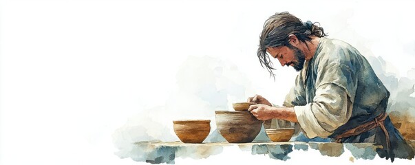 Traditional pottery making flat design side view artisanal craft theme watercolor