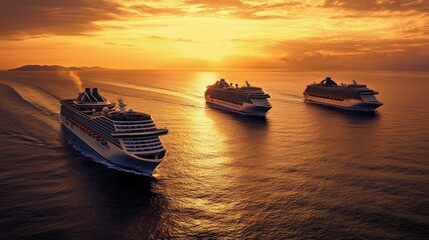 Fototapeta premium The golden sun lighting the ocean surface as cruise ships travel along coastal routes