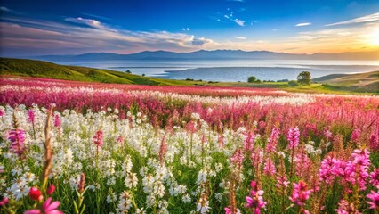 Panoramic View of Lindheimer's Beeblossom, White & Pink Gaura, and Clockweed Blooming in Marmara, Turkey