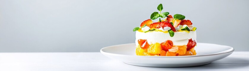 Layered Dessert with Fresh Fruits and Cream Topping on a White Plate against a Light Background