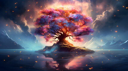 Obraz premium digital cherry blossom tree in the universe graphics poster background