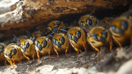 Close-up of a cluster of bees nestled in a wooden hive.