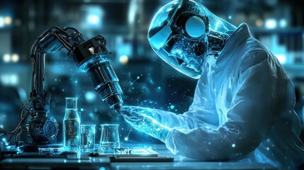 A robot scientist conducts research in a futuristic lab using advanced technology. Ideal for science, technology, and AI-related projects.