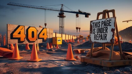 404 error page construction site under repair with an industrial fence, orange cones, and warning sign. Ideal for websites undergoing maintenance, tech platforms