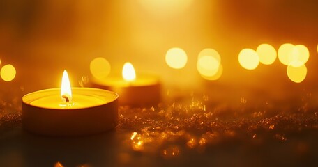 Candles on a blurred background with a bokeh effect. Soft lighting for the holiday season, like Christmas or Ash Wednesday. Background banner design with copy space. Warm color tones of yellow 