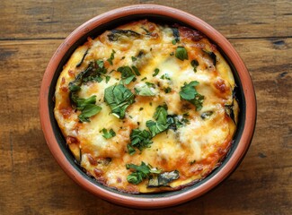 Ceramic bowl with pizza, top view on a wooden table. Italian food with cheese and vegetables, close-up. Real photo. 