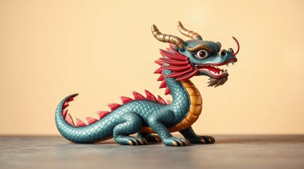 Small blue and red dragon figurine sitting on beige surface.