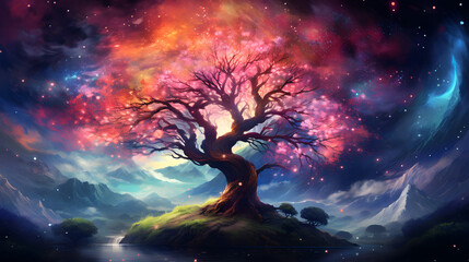 Obraz premium digital cherry blossom tree in the universe graphics poster background