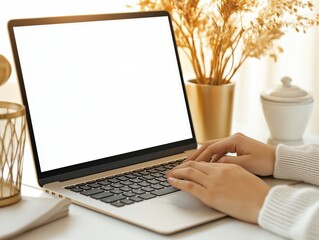 Fototapeta premium A sleek laptop with a blank white screen on a sunlit desk, with a girl's hands typing, surrounded by golden decor and natural elements for a warm and inviting workspace atmosphere