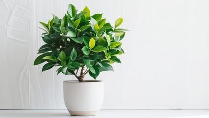 Fototapeta premium Green potted plant in a white pot placed on a white desk.