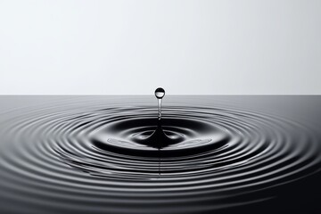 Minimalist black and white photograph of raindrops creating ripples in water design