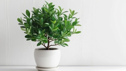 Fototapeta premium Green potted plant in a white pot resting on a white desk.