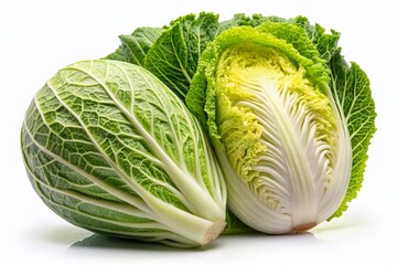 Half Chinese Cabbage & Pointed Cabbage, Isolated White Background - Fresh Produce Vegetables