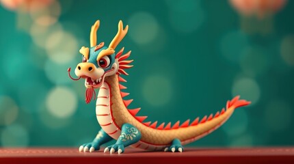 Fototapeta premium Cute dragon sitting on red surface with colorful background