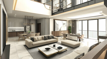 sketch of living room design with furniture in multistory apartment