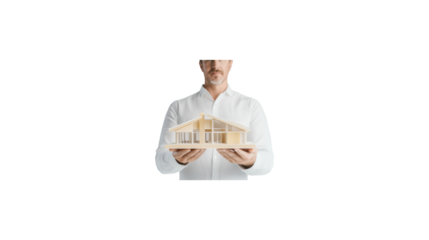A person is holding a small house in their hands. The house is made of wood and has a white roof. The person is wearing a sweater and he is holding the house with care. transparent background