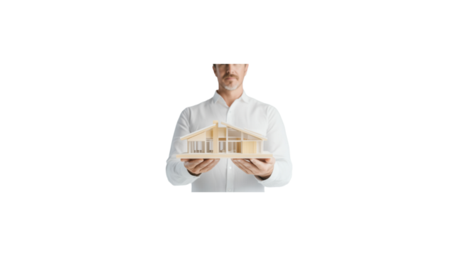 A person is holding a small house in their hands. The house is made of wood and has a white roof. The person is wearing a sweater and he is holding the house with care. transparent background