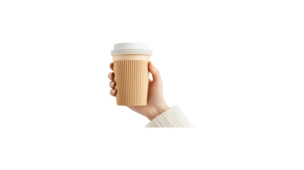 A person is holding a cup of coffee. The cup is white and has a lid. transparent background
