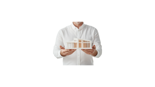 A person is holding a small house in their hands. The house is made of wood and has a white roof. The person is wearing a sweater and he is holding the house with care. transparent background