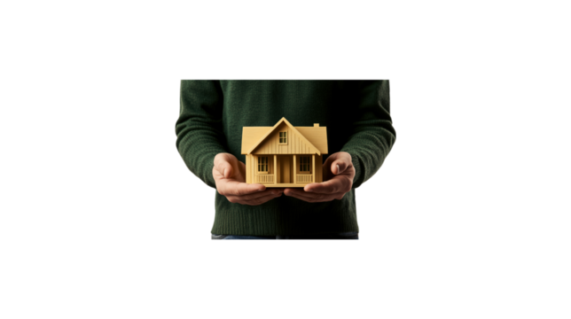 A person is holding a small house in their hands. The house is made of wood and has a white roof. The person is wearing a sweater and he is holding the house with care. transparent background