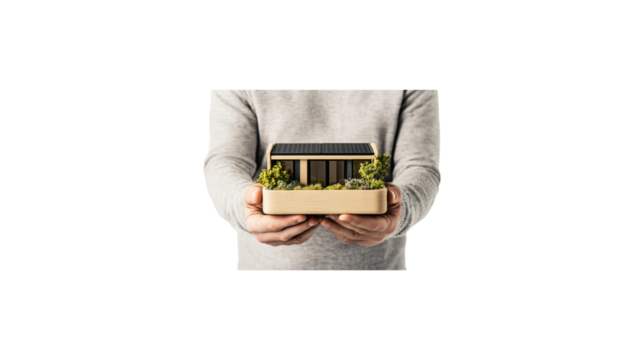 A person is holding a small house in their hands. The house is made of wood and has a white roof. The person is wearing a sweater and he is holding the house with care. transparent background