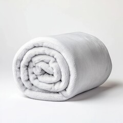 Soft White Fleece Blanket Rolled Up on Minimalist White Background Evoking Comfort Warmth and Serenity in a Cozy Indoor Setting