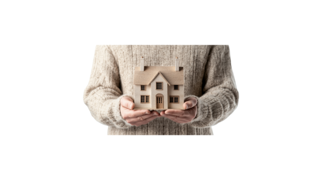 A person is holding a small house in their hands. The house is made of wood and has a white roof. The person is wearing a sweater and he is holding the house with care. transparent background