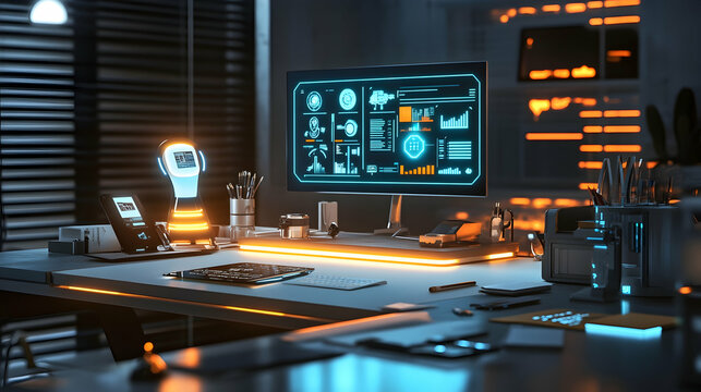 A well-lit futuristic desk with a glowing smart assistant projecting AI-enhanced marketing strategies, surrounded by sleek tech