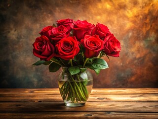 Panoramic View of Red Roses in Vase on Rustic Wooden Table