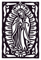 Our Lady. Virgin Mary of Guadalupe. Monochrome woodcut vector  illustration