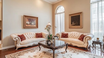 An elegant living room with plush sofas, a coffee table, and art hanging on the walls for a sophisticated touch.