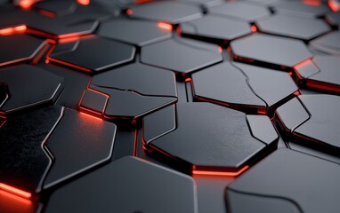 Fototapeta premium Abstract Dark Hexagon Pattern with Red Neon Lights Futuristic Technology Background