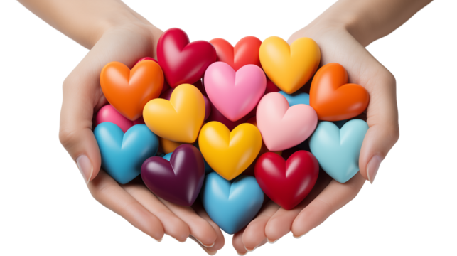 Colorful Hearts in Hands: Love, Care, and Affection, studio view, isolated on transparent background.
