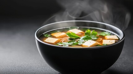A Delicious Bowl of Steaming Vegan Noodle Soup Garnished with Fresh Herbs Evoking Warmth Comfort and Culinary Delight in a Cozy Setting