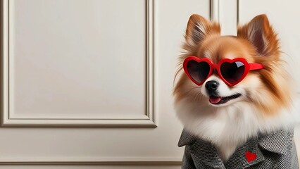 Portrait of lovely Pomeranian dog wearing black suit and red heart shaped sunglasses on beige wall background with copy space. Cute pet in Valentine's day concept
