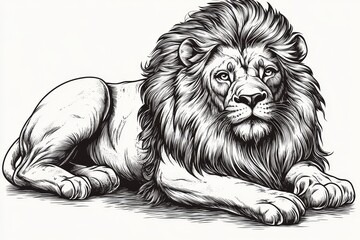 Obraz premium Majestic Reclining Lion - A powerful black and white illustration of a lion, symbolizing strength, royalty, pride, courage, and tranquility.