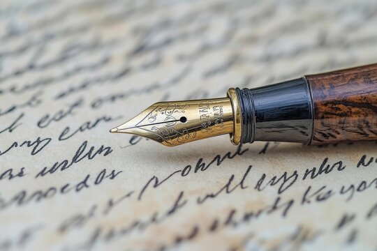 Ornate pen rests on aged handwritten letter.