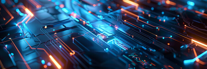 A futuristic, abstract design background with glowing blue lines and metallic textures.