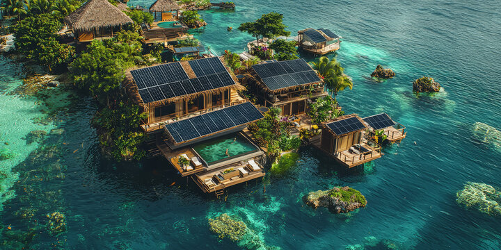 community with floating solar farms and sustainable fisheries promoting marine biodiversity